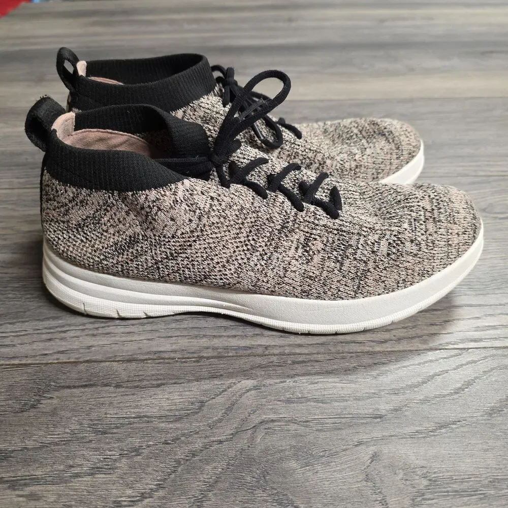 FitFlop Sneaker Mid Tops Stretchy Material Beige/black With Gold Shimmer Sz 8.5